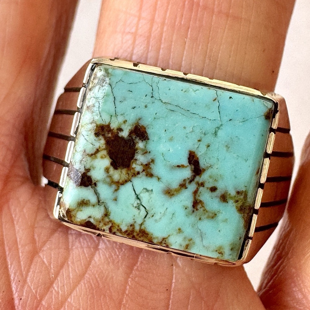 Navajo Turquoise Mens Ring Sz 13 Rectangle Signed Jack‎ Sterling 14mm Cracked